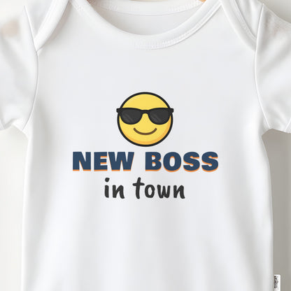 New Boss In Town baby grow print close-up