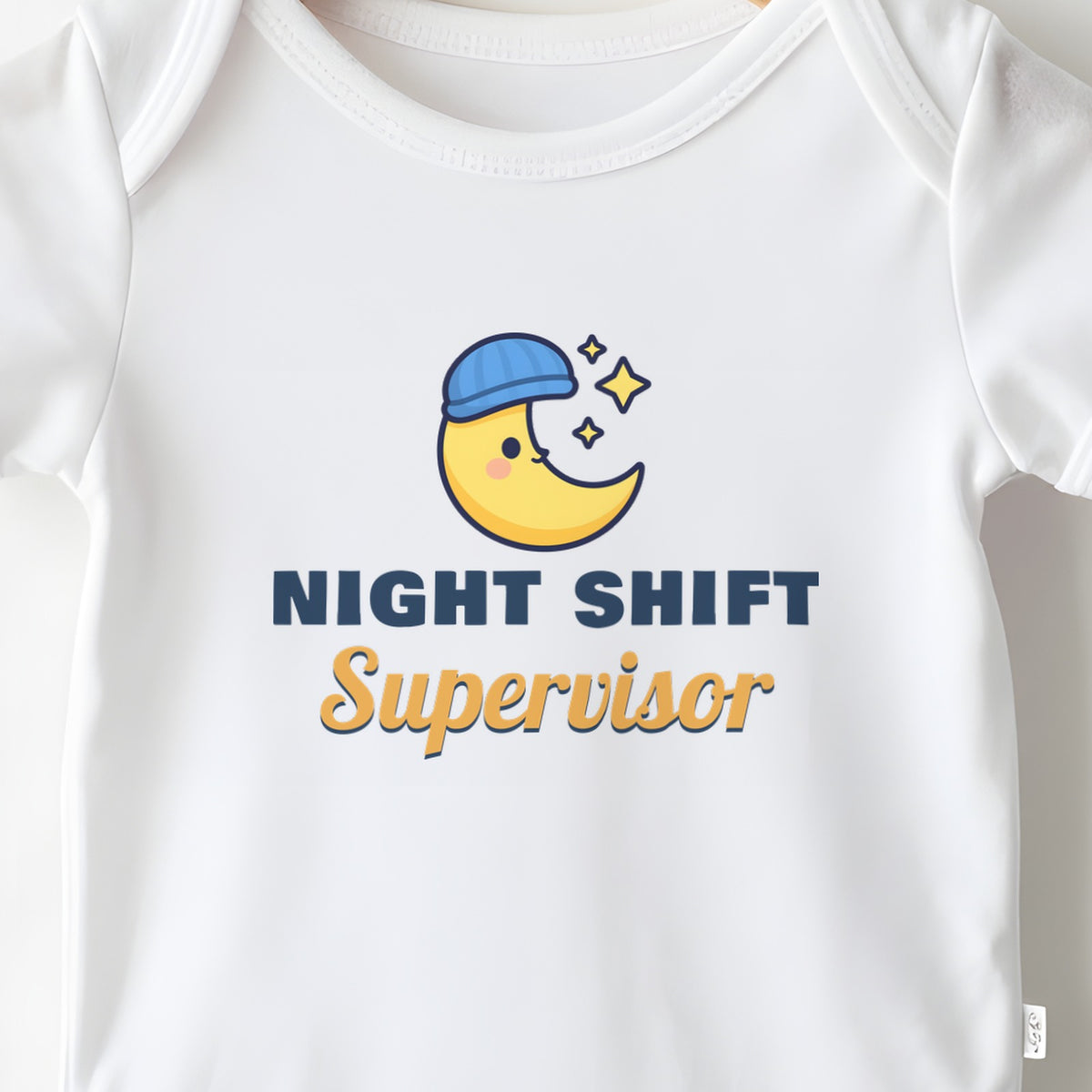 Night Shift Supervisor baby grow print close-up