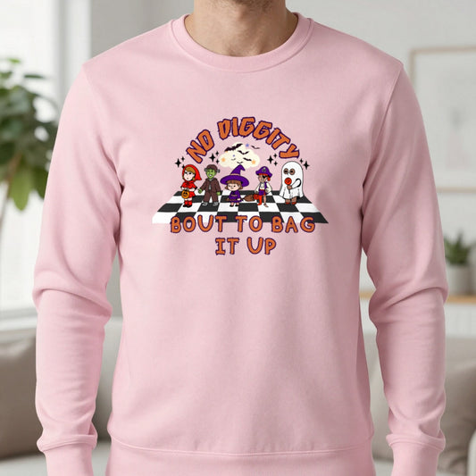 No Diggity Halloween Sweatshirt in Light Pink, worn, our photo