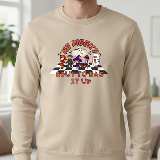 No Diggity Halloween Sweatshirt worn, lifestyle photo