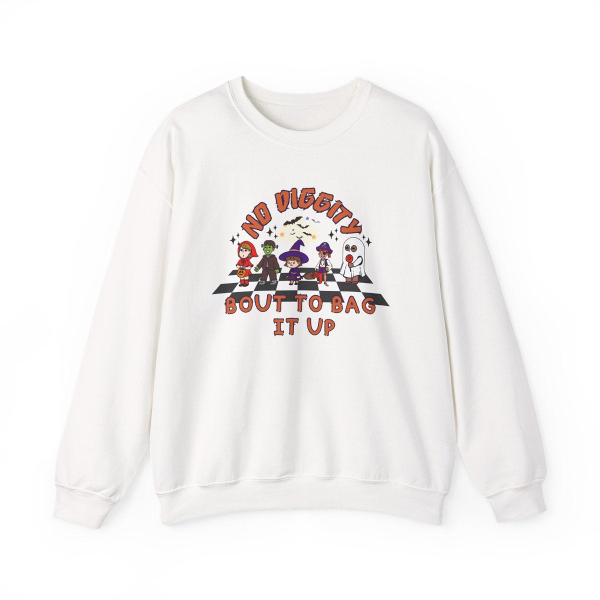 light pink sweatshirt with no diggity bout to bag it up halloween trick-or-treat design