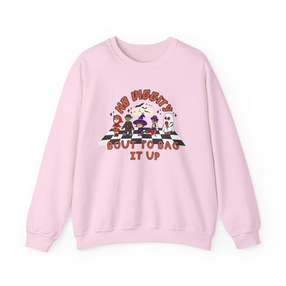 sand sweatshirt with retro no diggity halloween phrase and cute spooky characters