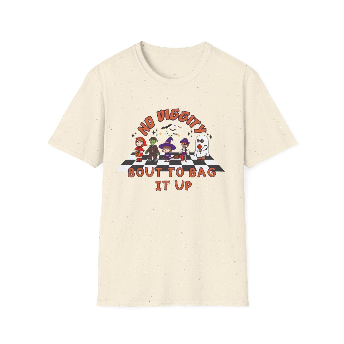light blue t-shirt with no diggity bout to bag it up retro halloween design