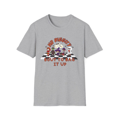 natural cotton t-shirt with bold retro halloween trick-or-treat print