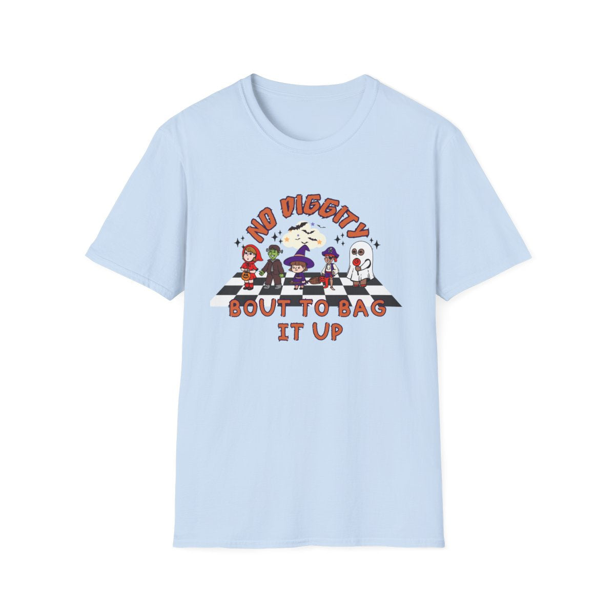 royal blue t-shirt with retro ghost and no diggity halloween graphic