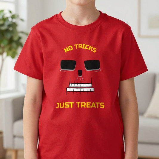 No Tricks Just Treats Halloween Skeleton T-Shirt worn, lifestyle photo