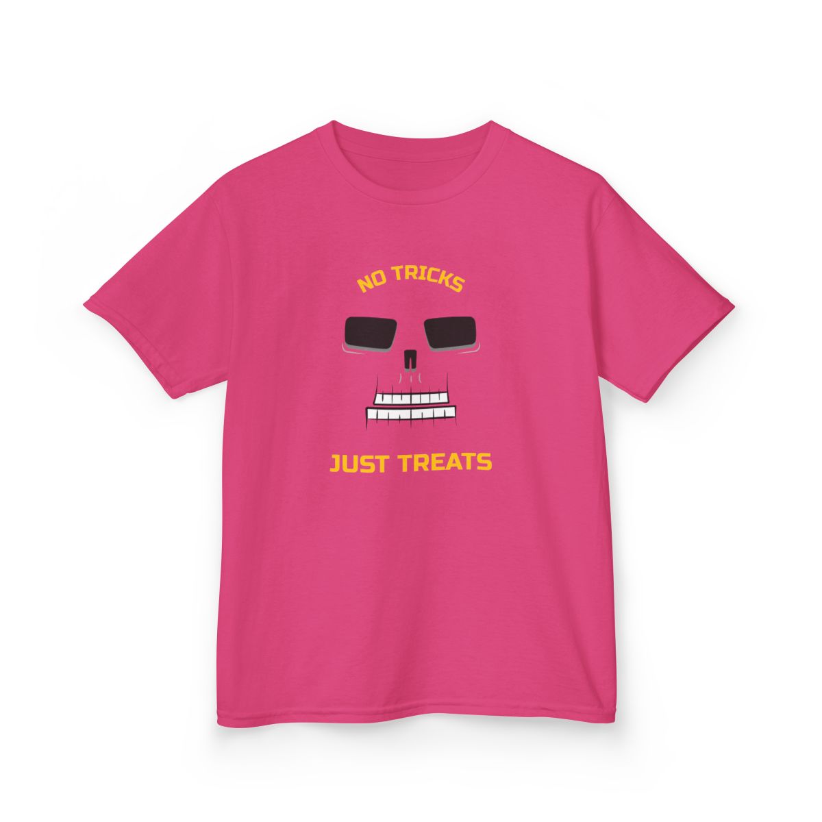 red t-shirt with no tricks just treats skeleton halloween graphic for kids