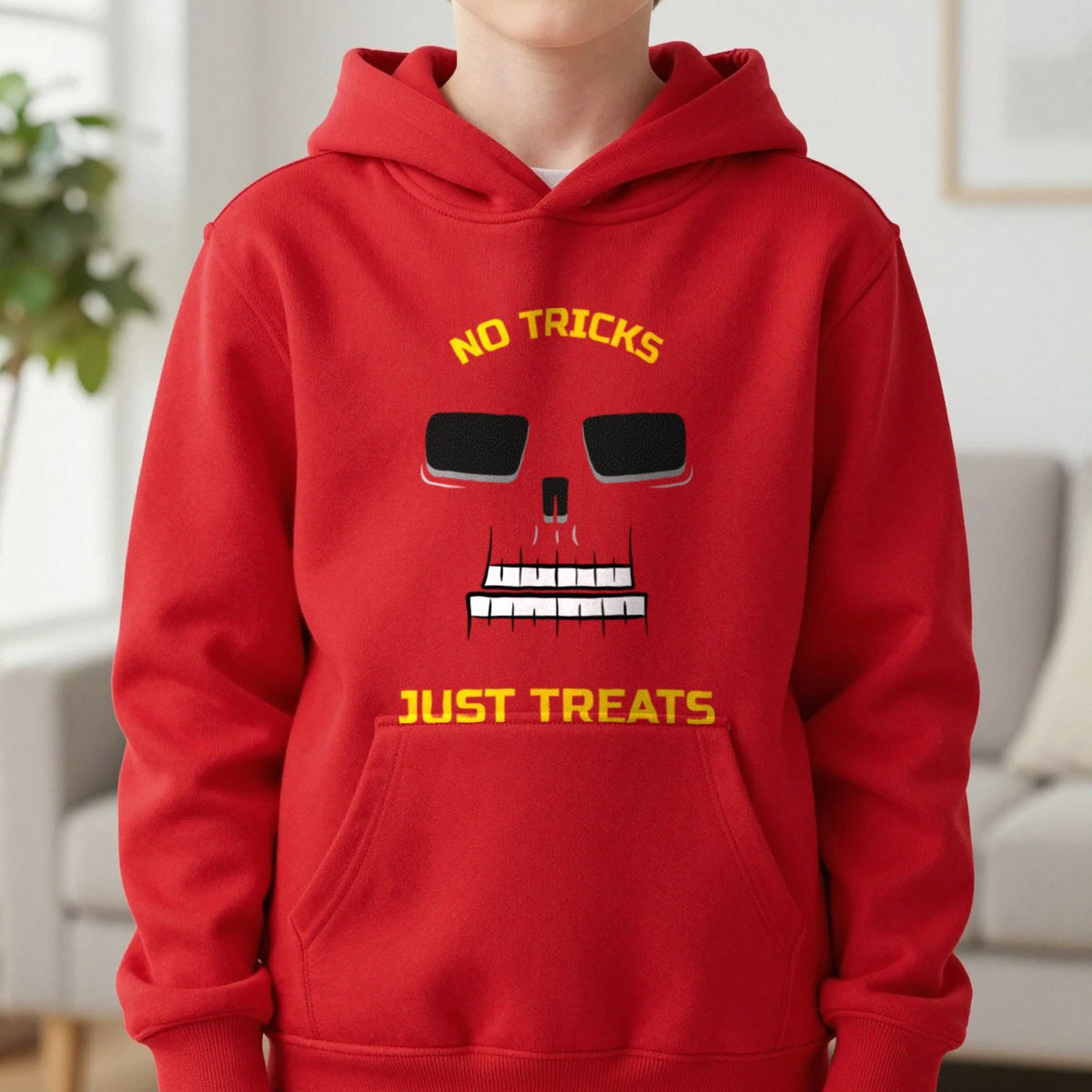 No Tricks Just Treats Skeleton Halloween Kids Hoodie in Red, worn, our photo