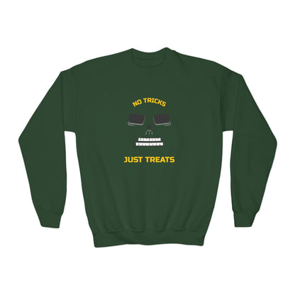 white kids sweatshirt featuring skeleton face and no tricks just treats slogan