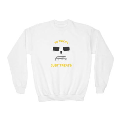 forest green kids sweatshirt with bold skeleton halloween print