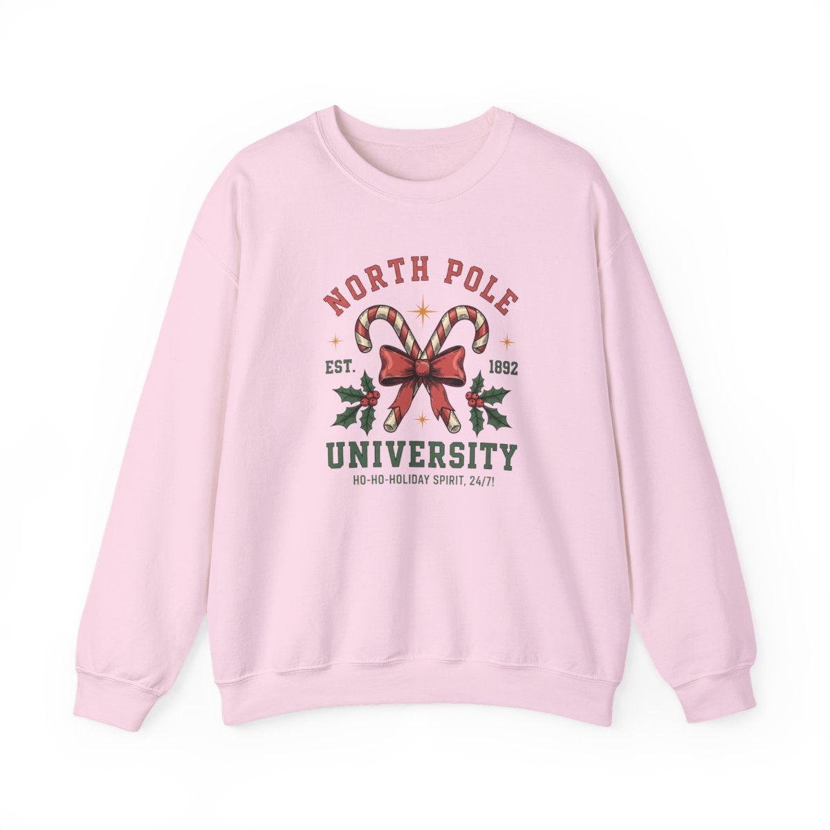light pink sweatshirt with collegiate North Pole University Christmas design