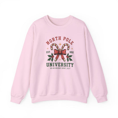 light pink sweatshirt with collegiate North Pole University Christmas design