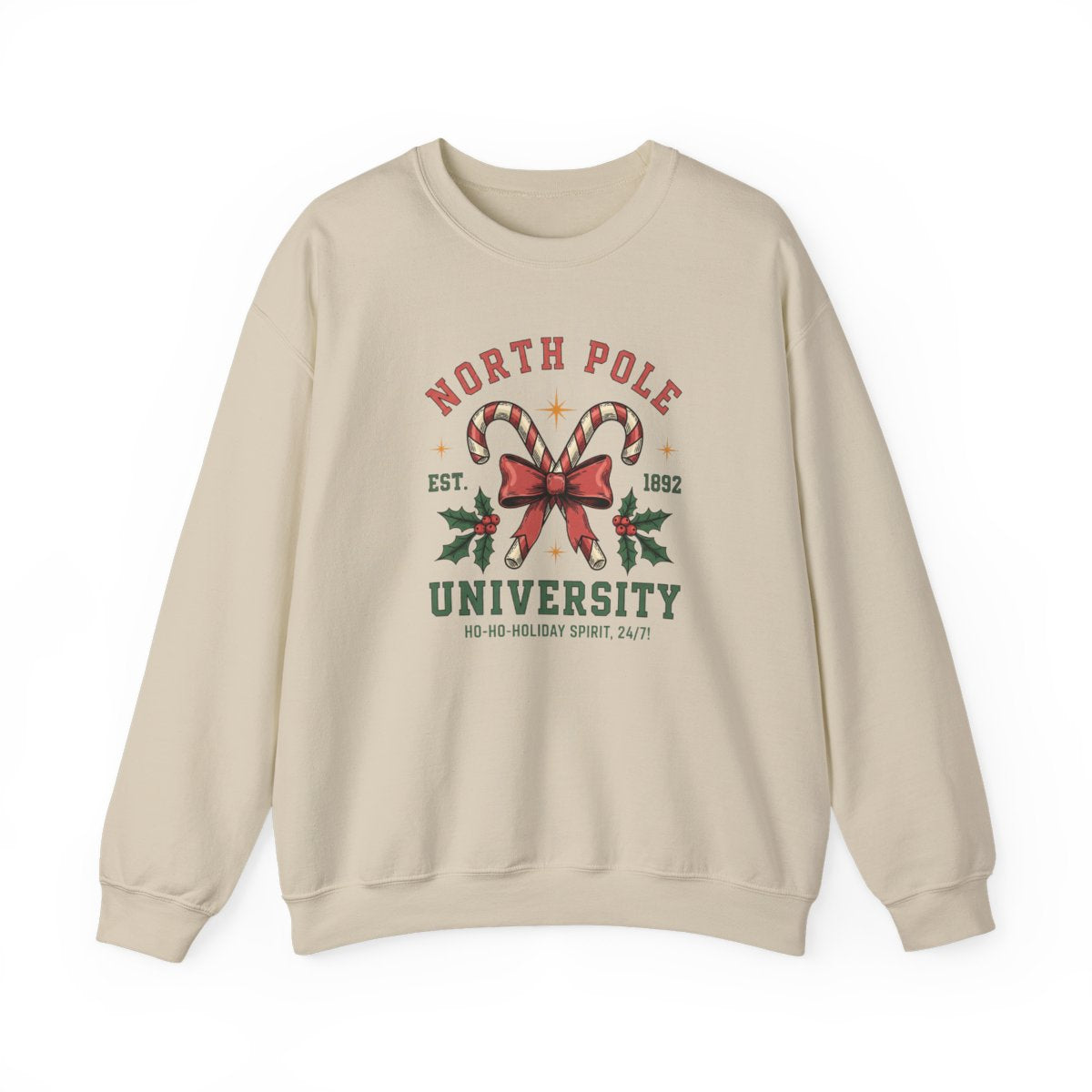 white sweatshirt with North Pole University festive print