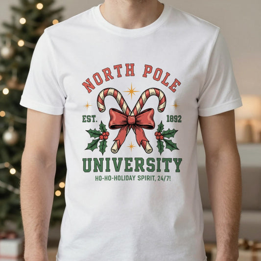 North Pole University Christmas T-Shirt worn, lifestyle photo