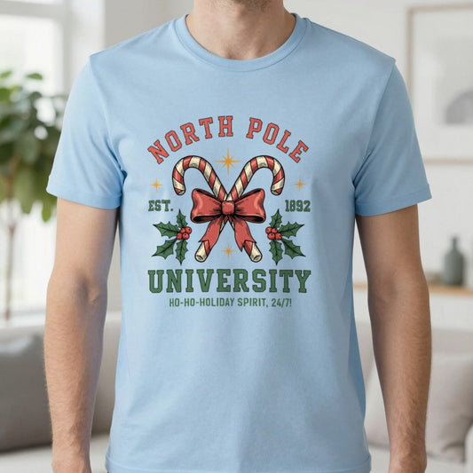 North Pole University Christmas T-Shirt in Light Blue, worn, our photo
