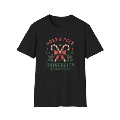 black t-shirt with north pole university christmas design