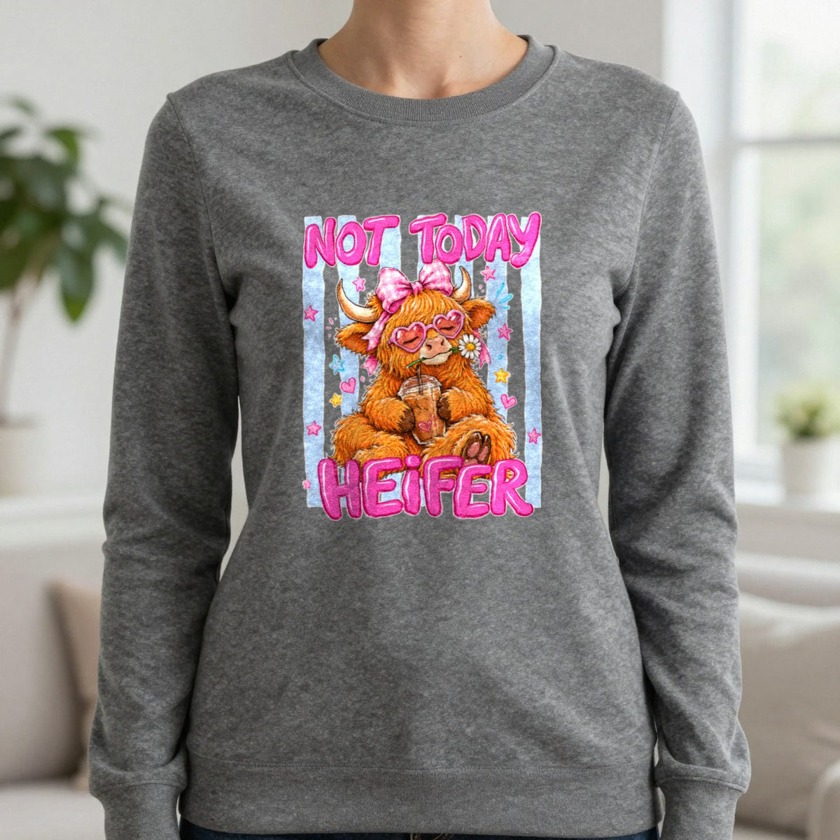 Not Today Heifer T-Shirt & Sweatshirt in Charcoal, worn, our photo