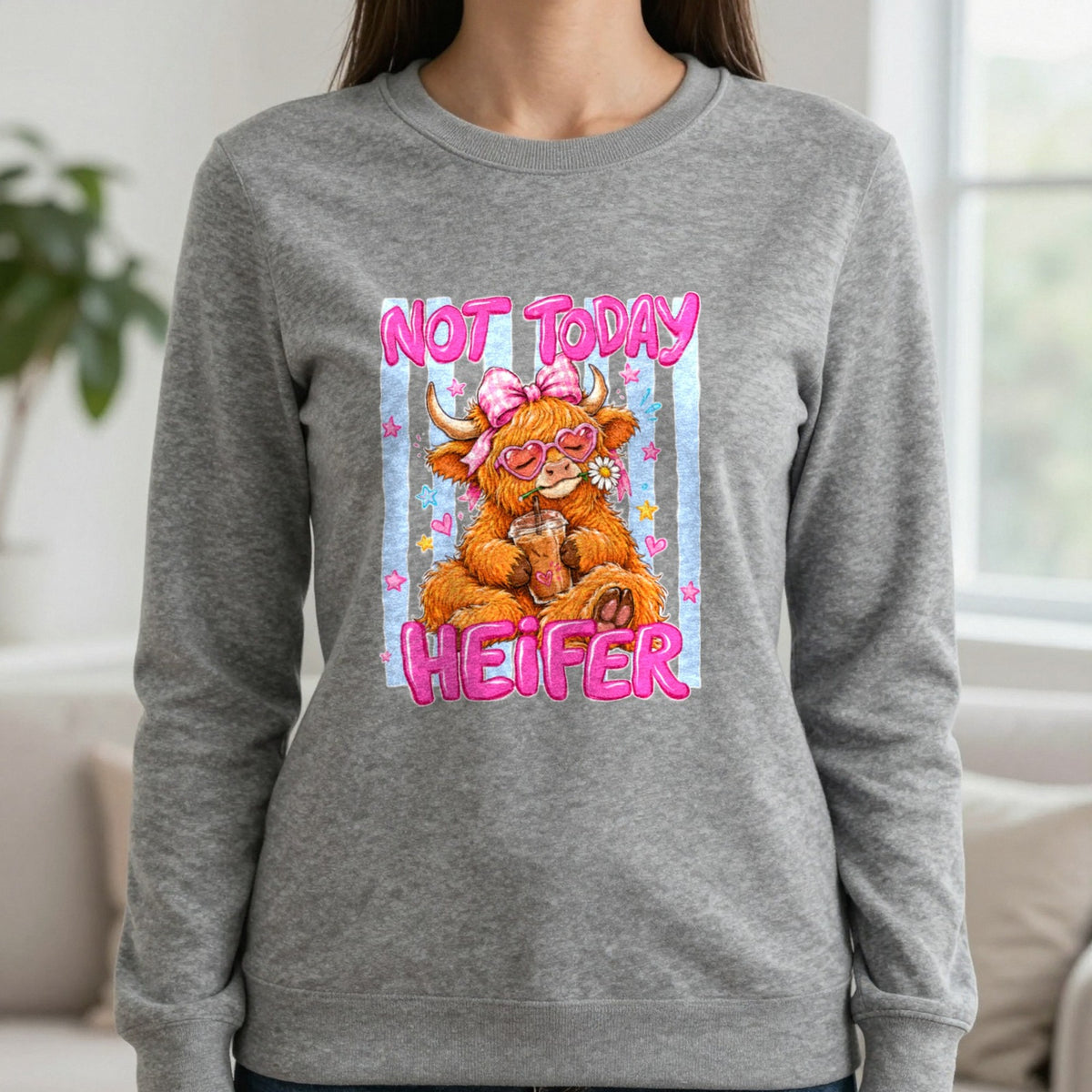 Not Today Heifer T-Shirt & Sweatshirt in Dark Heather, worn, our photo