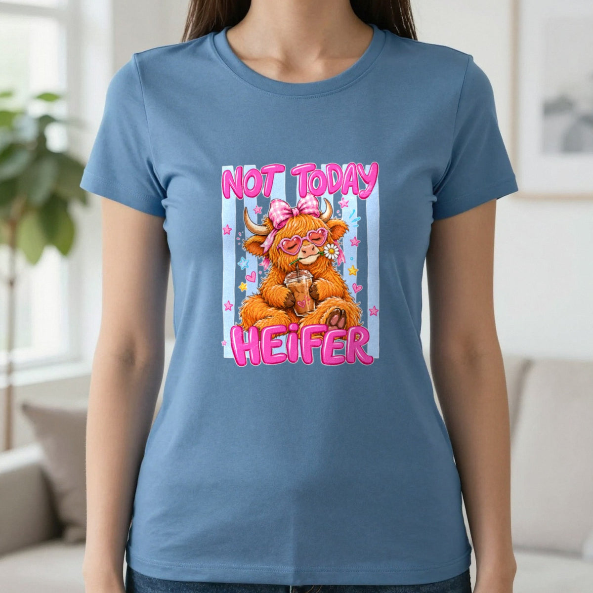 Not Today Heifer T-Shirt & Sweatshirt in Indigo Blue, worn, our photo