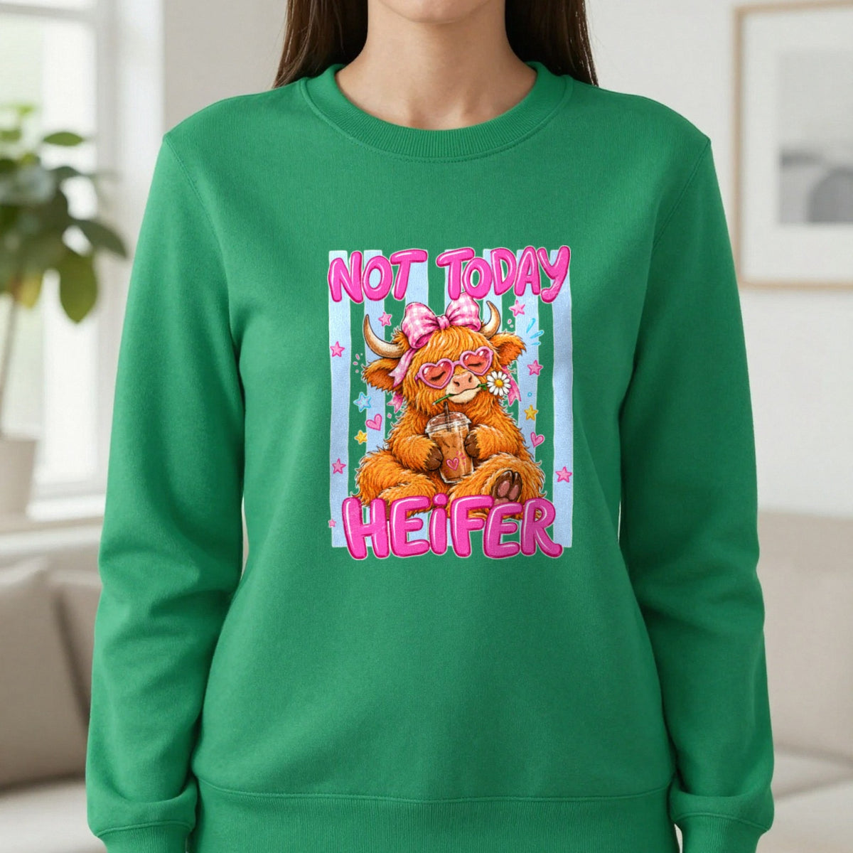 Not Today Heifer T-Shirt & Sweatshirt in Irish Green, worn, our photo