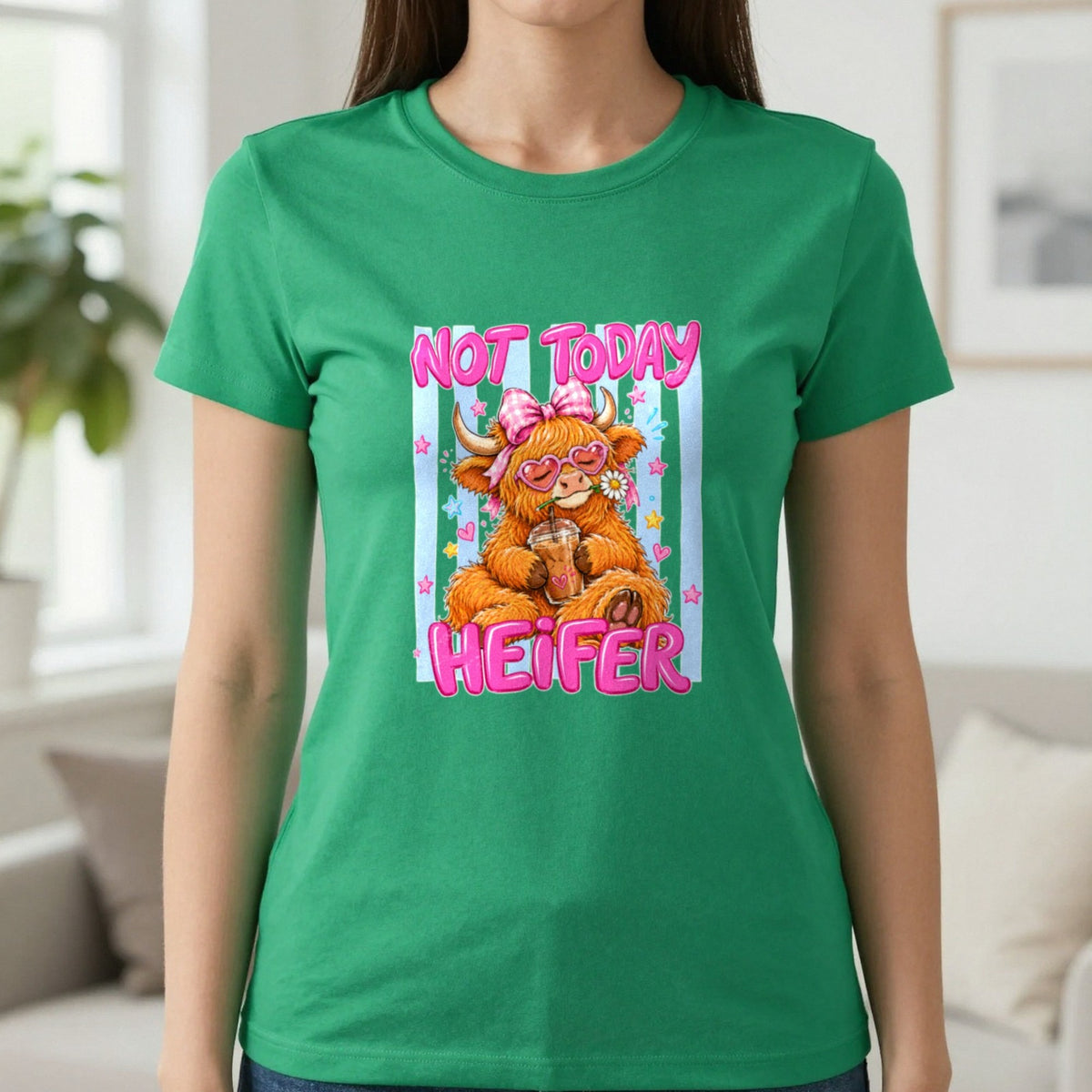 Not Today Heifer T-Shirt & Sweatshirt in Irish Green, worn, our photo