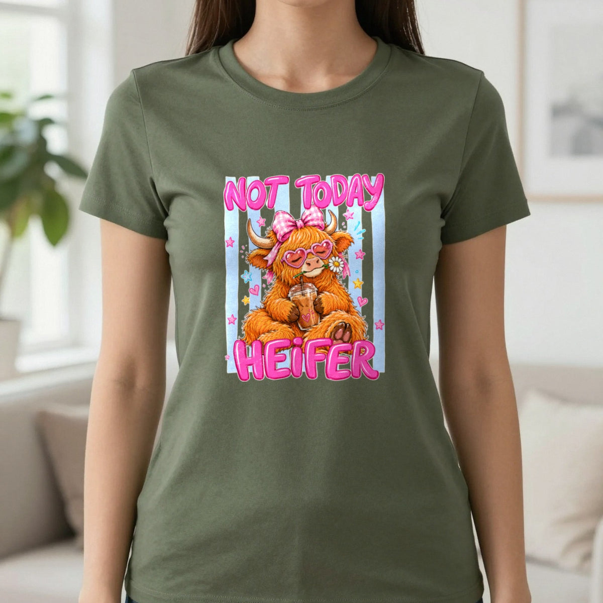 Not Today Heifer T-Shirt & Sweatshirt in Military Green, worn, our photo