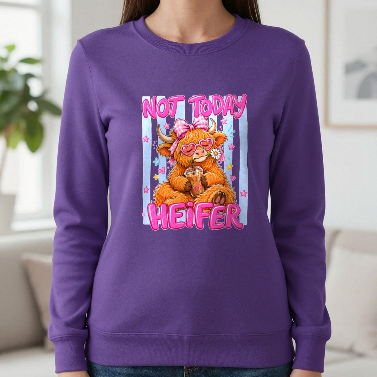 Not Today Heifer T-Shirt & Sweatshirt in Purple, worn, our photo