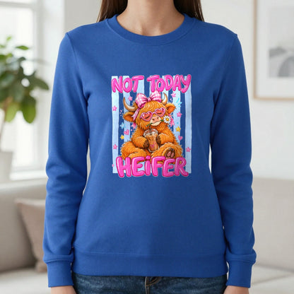 Not Today Heifer T-Shirt & Sweatshirt in Royal, worn, our photo