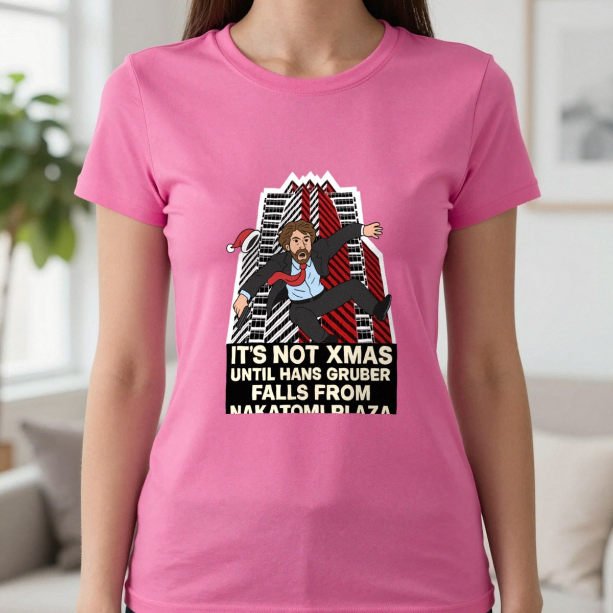 Not Xmas Until He Falls From The Plaza Christmas T-Shirt & Sweatshirt in Heliconia, worn, our photo