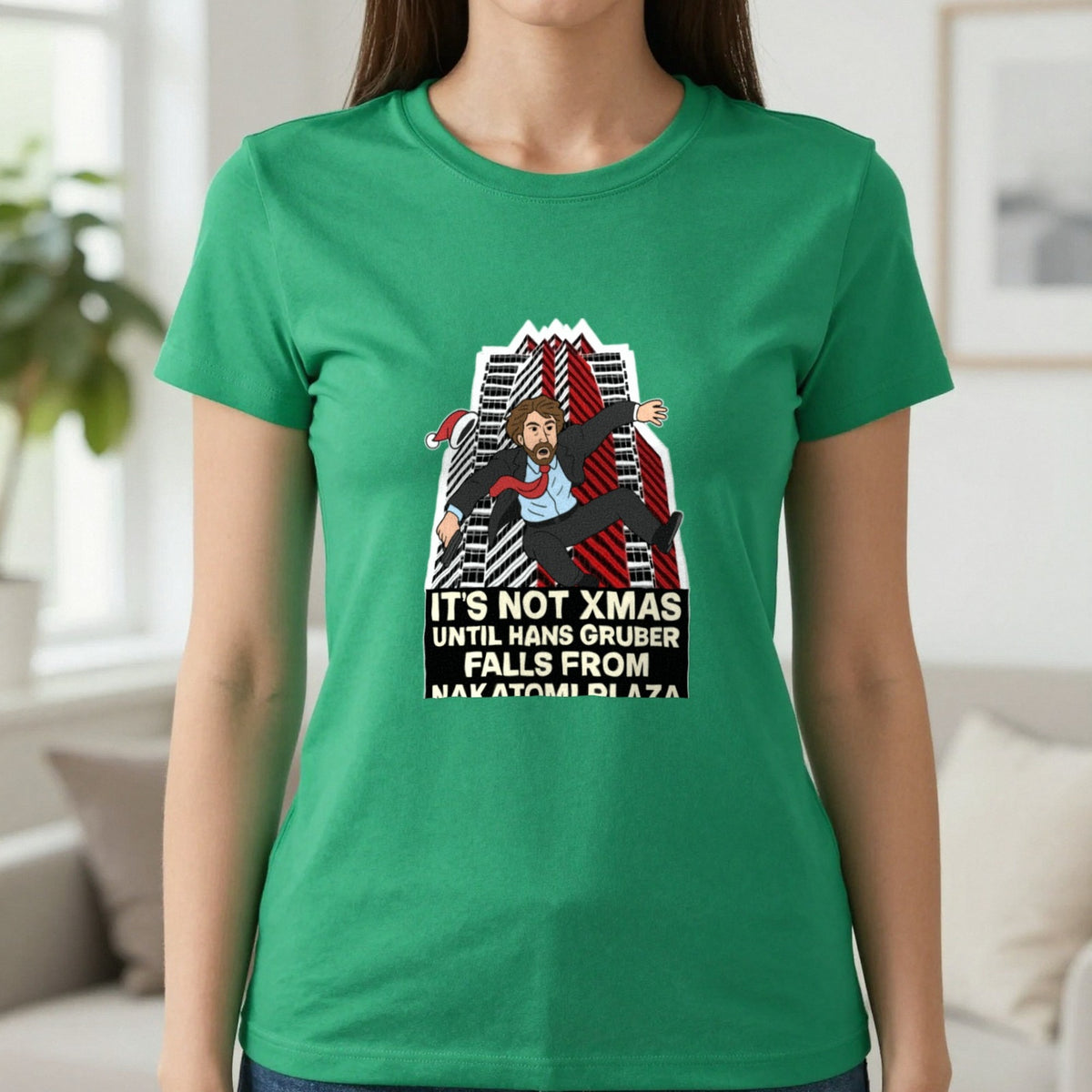 Not Xmas Until He Falls From The Plaza Christmas T-Shirt & Sweatshirt in Irish Green, worn, our photo