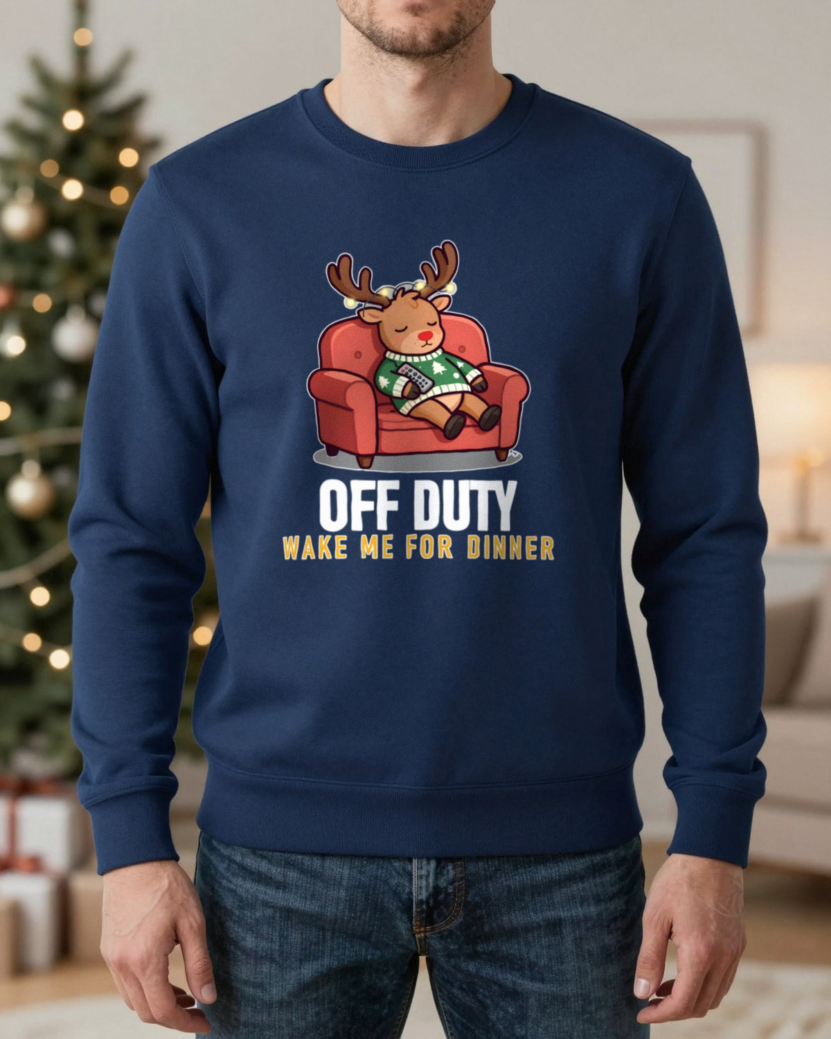 Off Duty Reindeer Funny Christmas Jumper & T-Shirt worn