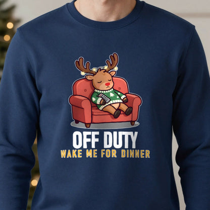Off Duty Reindeer Funny Christmas Jumper & T-Shirt close-up