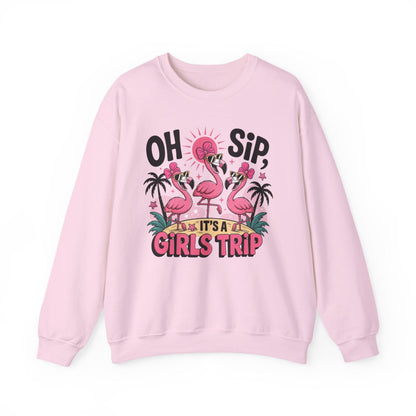 light pink sweatshirt with oh sip it's a girls trip funny beverage design