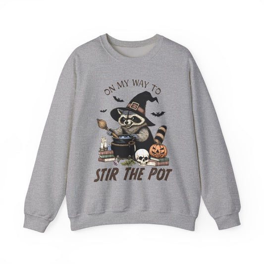 On My Way To Stir The Pot Halloween Raccoon Sweatshirt - funny sweatshirt by Cheeky Business