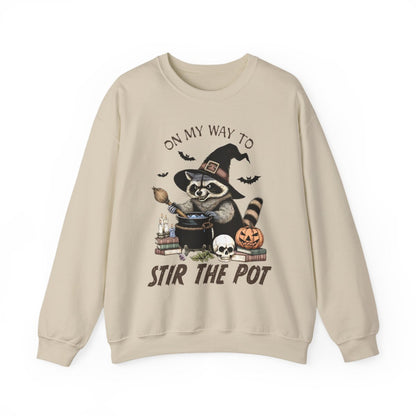 sport grey sweatshirt with on my way to stir the pot halloween raccoon illustration