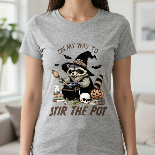On My Way To Stir The Pot Halloween Raccoon T-Shirt worn, lifestyle photo