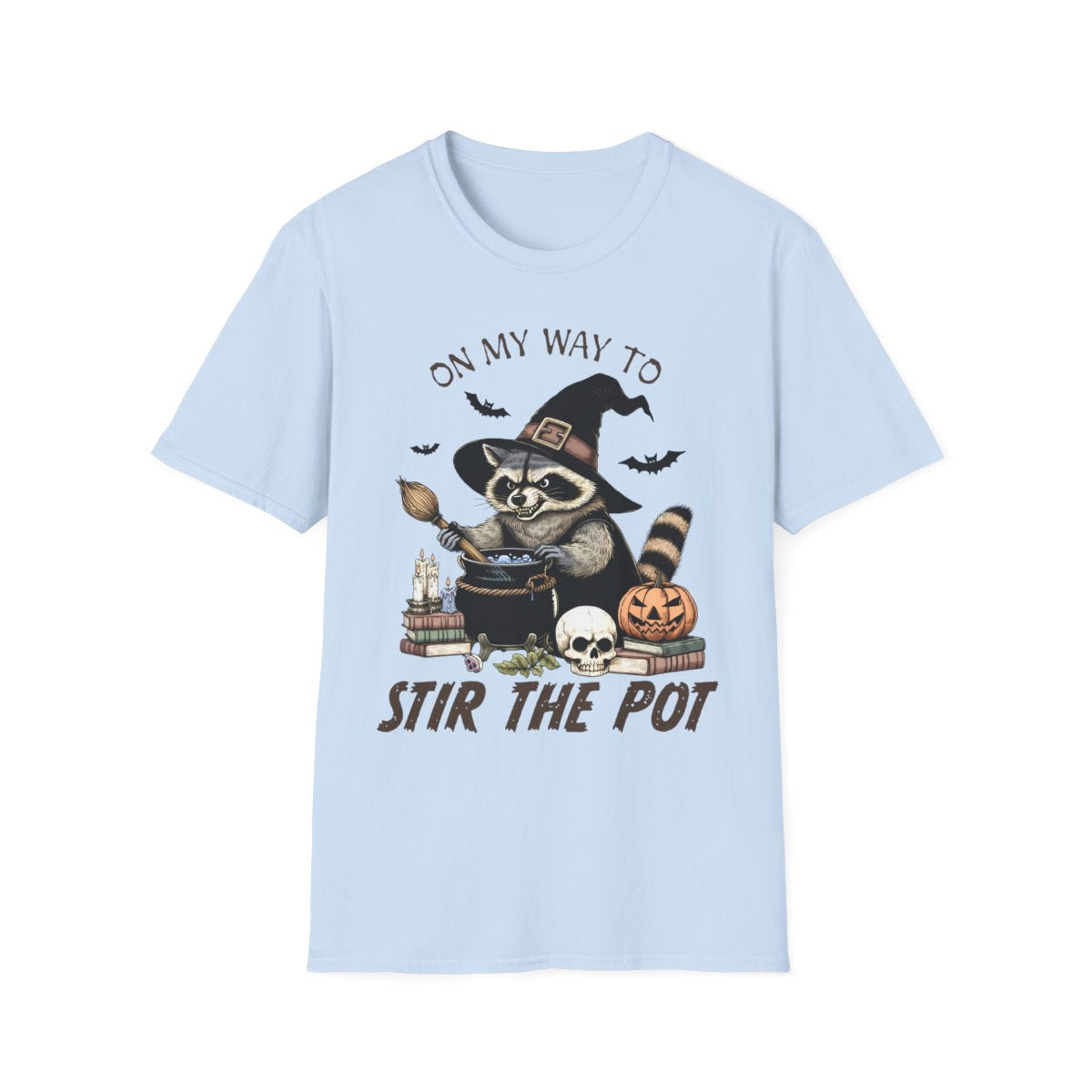 light blue t-shirt with on my way to stir the pot raccoon witch Halloween graphic