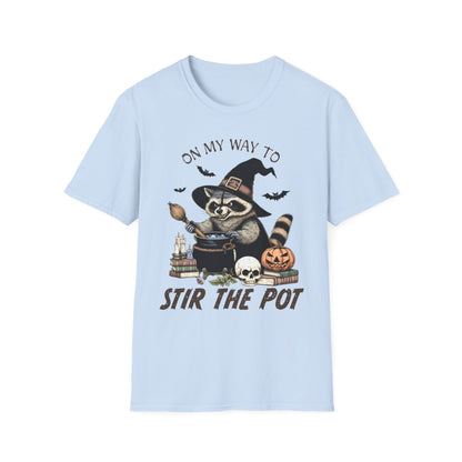 light blue t-shirt with on my way to stir the pot raccoon witch Halloween graphic