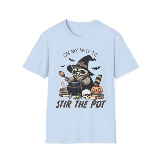 On My Way To Stir The Pot Halloween Raccoon T-Shirt - funny t-shirt by Cheeky Business