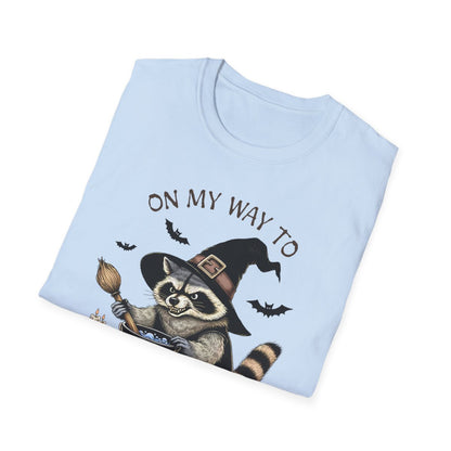 unisex Halloween t-shirt with spooky raccoon and witch theme front print