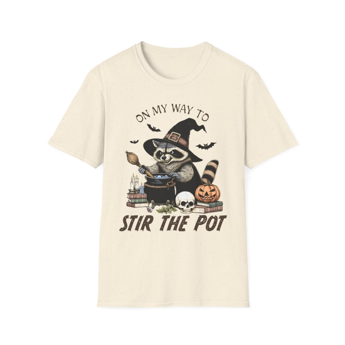 sport grey t-shirt with mischievous raccoon stirring cauldron design for spooky season