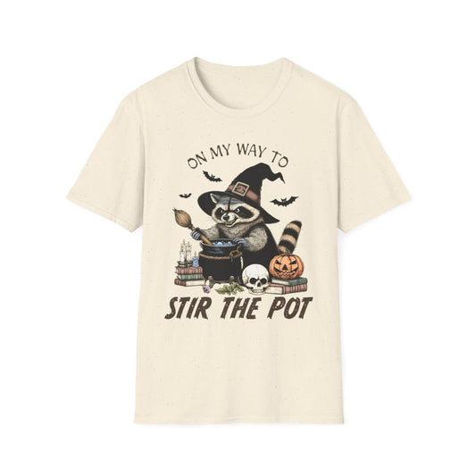 On My Way To Stir The Pot Halloween Raccoon T-Shirt - funny t-shirt by Cheeky Business