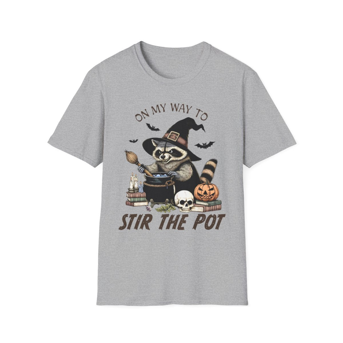 white t-shirt featuring funny witch raccoon and bubbling cauldron Halloween design