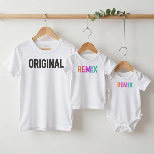Original & Remix grown-up tee, kids tee and baby grow on hangers
