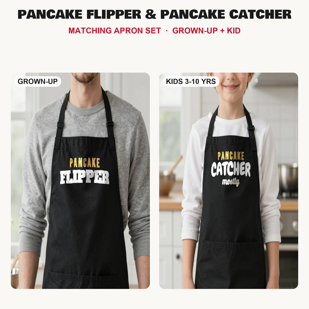 Pancake Flipper & Pancake Catcher matching apron set in Black: grown-up and kids aprons, our photo