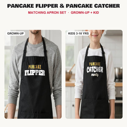Pancake Flipper & Pancake Catcher matching apron set in Black: grown-up and kids aprons, our photo