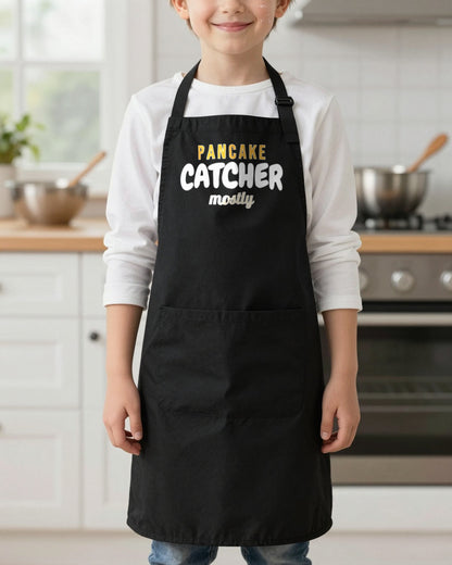 Pancake Flipper & Pancake Catcher kids apron, worn