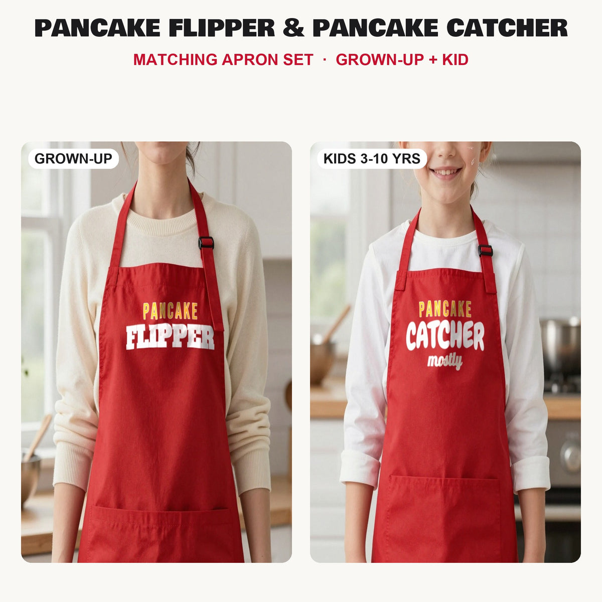 Pancake Flipper & Pancake Catcher matching apron set in Red: grown-up and kids aprons, our photo