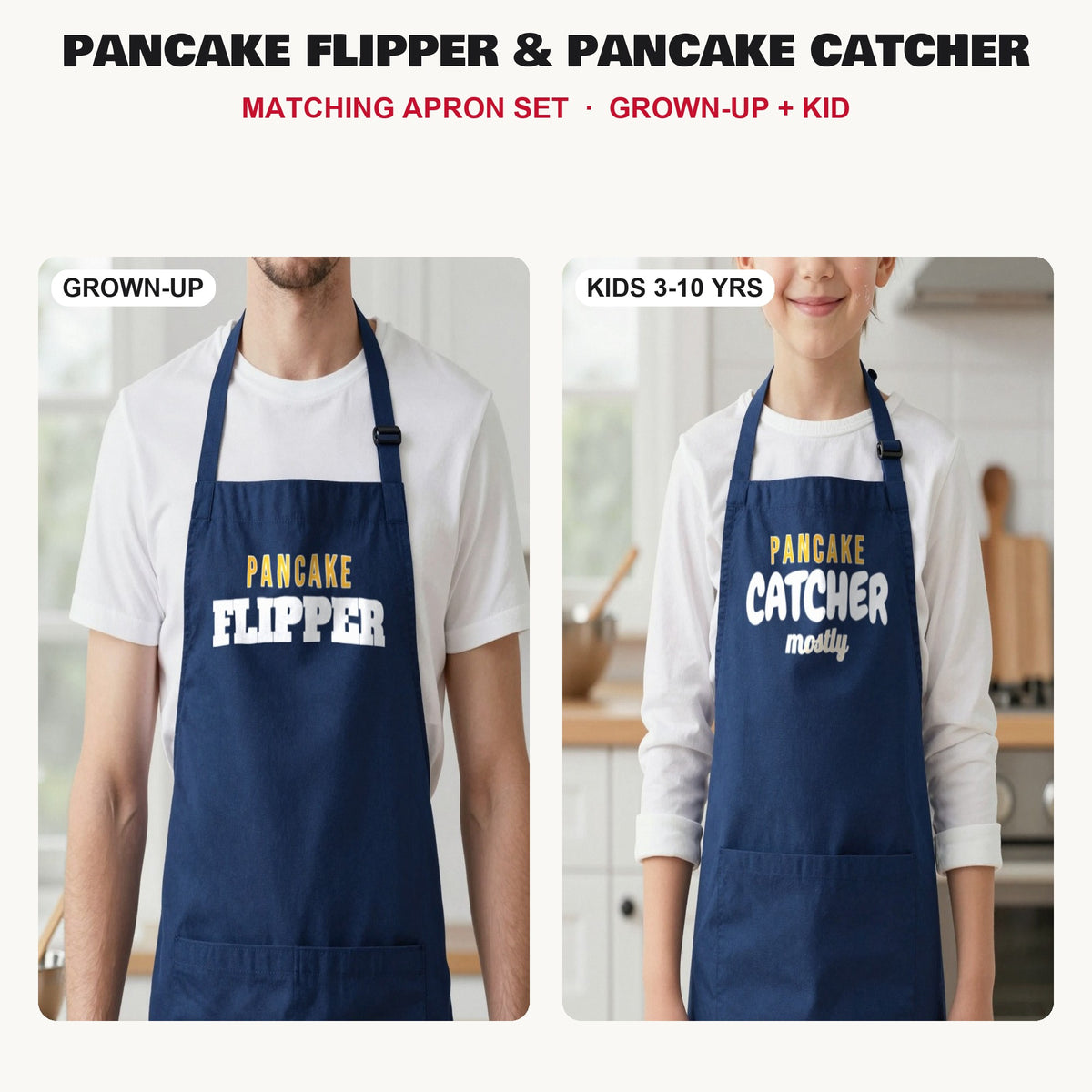 Pancake Flipper & Pancake Catcher matching apron set in Navy: grown-up and kids aprons, our photo