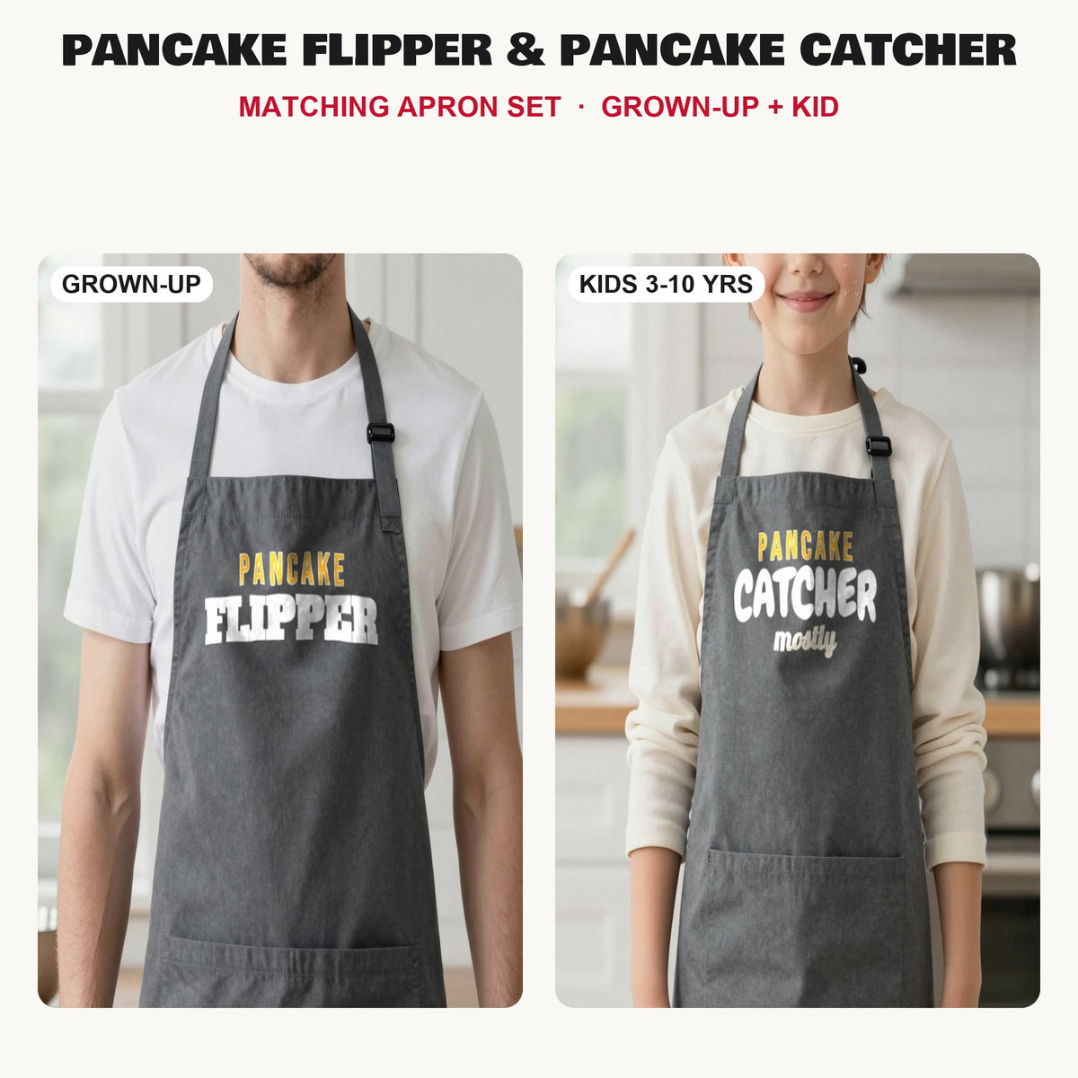 Pancake Flipper & Pancake Catcher matching apron set in Dark Grey: grown-up and kids aprons, our photo